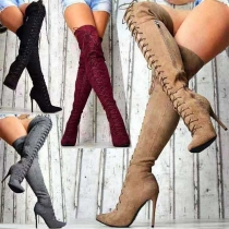 Sexy High-heeled Pointed-toe Side-zipper Lace-up Over-the-knee Boots