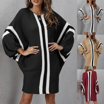 Casual Contrast Color Batwing Sleeve Knitted Dress