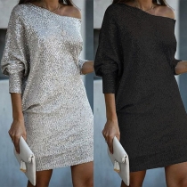 Fashion Sequined One-shoulder Long Sleeve Bodycon Dress