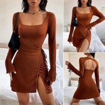 Fashion Solid Color Scoop Neck Long Sleeve Backless Self-tie Slit Mini Dress