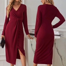 Fashion Solid Color V-neck Long Sleeve Slit Dress
