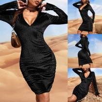 Fashion Solid Color Long Sleeve V-neck Vertical Stripe Black Bodycon Dress