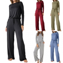 Casual Solid Color Round Neck Long Sleeve Wide-leg Jumpsuit