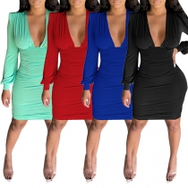 Fashion Solid Color Long Sleeve V-neck Bodycon Dress