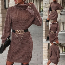 Elegant Turtleneck Long Sleeve Knitted Dress (Without Belt)