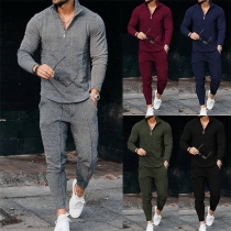Casual Two-piece Set for Men Consist of Zipper V-neck Shirt and Pants