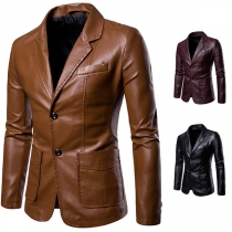 Vintage Solid Color Notch Lapel Long Sleeve Artificial Leather PU Jacket for Men