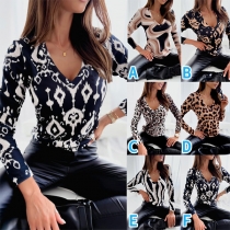 Fashion Leopard Printed V-neck Long Sleeve Shirt