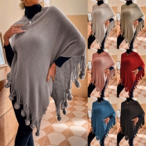 Fashion Solid Color Irregular Hemline Pom-pom Tassel Cape Shirt
