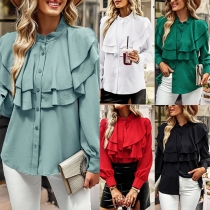 Casual Solid Color Ruffled Long Sleeve Shirt