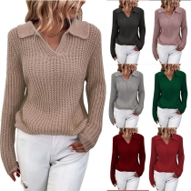 Casual Solid Color V-neck Long Sleeve Knitted Shirt