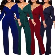 Sexy Solid Color Sweetheart Long Sleeve Self-tie Wide-leg Jumpsuit （Size Run Small）