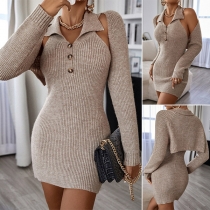 Sexy Knitted Two-piece Set Consist of Stand Collar Bodycon Dress and Crop Cardigan