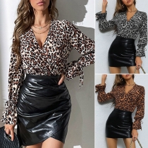 Sexy Leopard Printed V-neck Long Sleeve Bodysuit