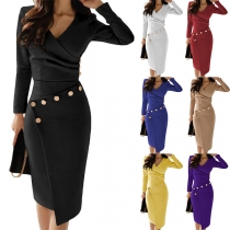 Elegant Solid Color V-neck Long Sleeve Irregular Hemline Buttoned Bodycon Dress