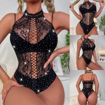 Sexy Bling-bling Lace Cutout Halterneck Lingerie Bodysuit