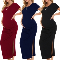 Elegant Solid Color Short Sleeve Side Slit Maternity Dress