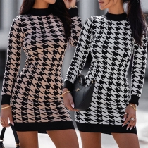 Fashion Houndstooth Printed Round Neck Long Sleeve Bodycon Dress