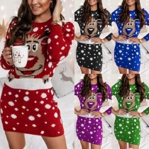 Fashion Printed Round Neck Long Sleeve Christmas Dress
