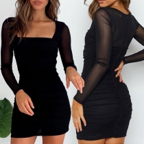Sexy Gauze Spliced Long Sleeve Ruched Black Dress