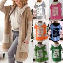 Casual Contrast Color Letter Knitted Hooded Cardigan