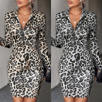 Sexy Leopard Printed Zipper V-neck Long Sleeve Bodycon Dress