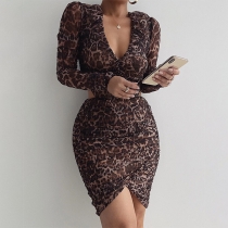Sexy Leopard Printed Side Cutout Irregular Hemline Long Sleeve Bodycon Dress