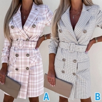 Fashion Checkered Notch Lapel Long Sleeve Double Breasted Blazer Dress -with Belt