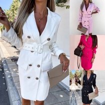 Elegant Solid Color Notch Lapel Double Breasted Long Sleeve Blazer Dress