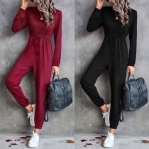 Casual Solid Color Round Neck Long Sleeve Drawstring Waist Jumpsuit