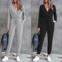 Casual Solid Color V-neck Long Sleeve Drawstring Waist Jumpsuit