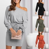 Casual Solid Color Round Neck Long Sleeve Drawstring Waist Mini Dress