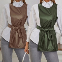 Street Fashion Round Neck Sleeveless Artificial Leather PU Vest with Belt