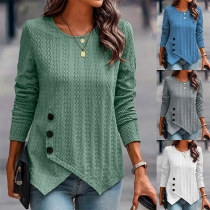 Fashion Solid Color Round Neck Long Sleeve Buttoned Irregular Hemline Knitted Shirt