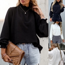 Fashion Solid Color Mock Neck Lantern Sleeve Shirt