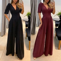Elegant Solid Color V-neck Short Sleeve Wide-leg Jumpsuit