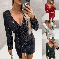 Sexy Bling-bling V-neck Long Sleeve Ruched Slit Bodycon Dress