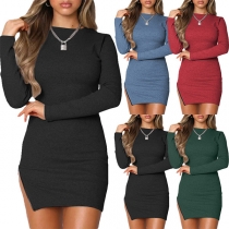 Sexy Solid Color Round Neck Long Sleeve Side Zipper Slit Bodycon Dress