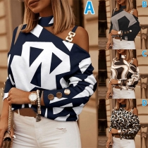 Fashion Printed Long Sleeve Open-shoulder Shirt