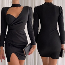 Sexy Solid Color Mock Neck Sweetheart Neckline Long Sleeve Slit Bodycon Dress