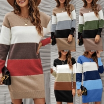 Fashion Contrast Color Round Neck Long Sleeve Knitted Dress