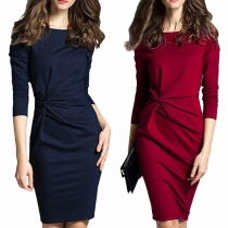Elegant Solid Color Round Neck Long Sleeve Ruched Bodycon Dress