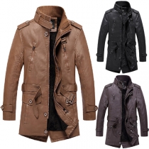 Fashion Stand Collar Plush Lined Artificial Leather Jacket for Men (with Belt)