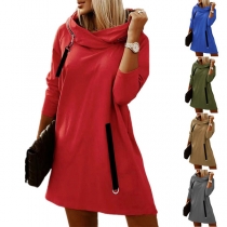 Casual Solid Color Hoodied Draped Neck Long Sleeve Loose Shirt