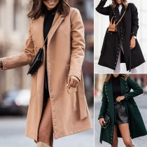 Street Fashion Rivet Solid Color Lapel Long Sleeve Duffle Coat