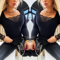 Fashion Lace Spliced V-neck Long Sleeve Shirt