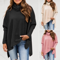 Casual Solid Color Turtleneck Long Sleeve High-low Hemline Knitted Shirt