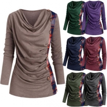 Casual Checkered Spliced Draped Neck Buttoned Long Sleeve Shirt