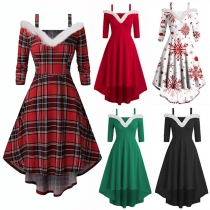 Fashion Contrast Color High-low Hemline Christmas Dress