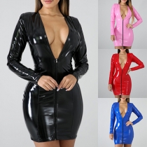 Sexy Lace Spliced V-neck Long Sleeve Artificial Leather PU Bodycon Dress